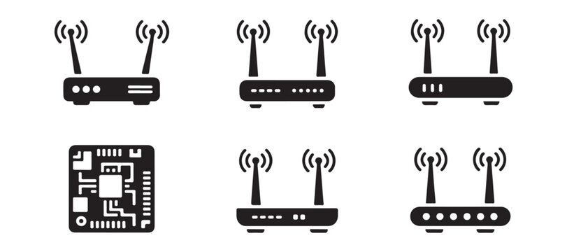 Wireless router and circuit board chip icons representing hardware networking and data processing.