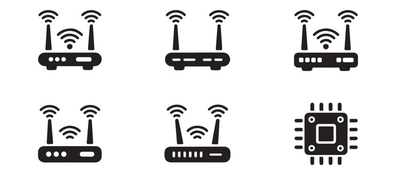 Black wireless router icons with dual antennas and signals set for network connectivity design.