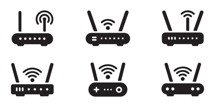 Minimalist black wifi router icons showing different antenna configurations for wireless networking.