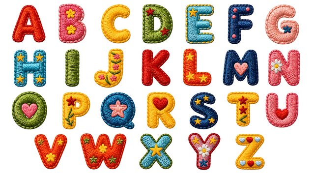 Complete set of colorful embroidered patch alphabet letters A to Z with detailed stitching, hearts, and flower patterns isolated on white.