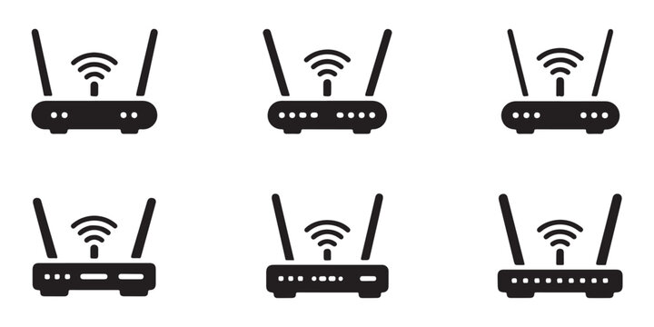 Collection of black wi-fi router icons on transparent background for digital communication design.