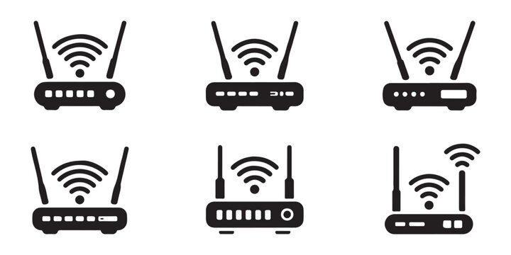 Black wireless network router glyph icons with dual side antennas for digital broadband connectivity.