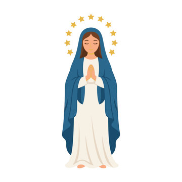 Virgin Mary praying with blue cloak and golden stars halo