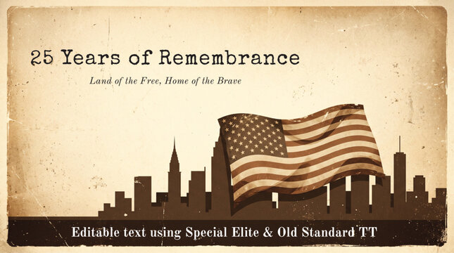 911, 25 years of remembrance september 11th memorial poster with american flag and new york city skyline
