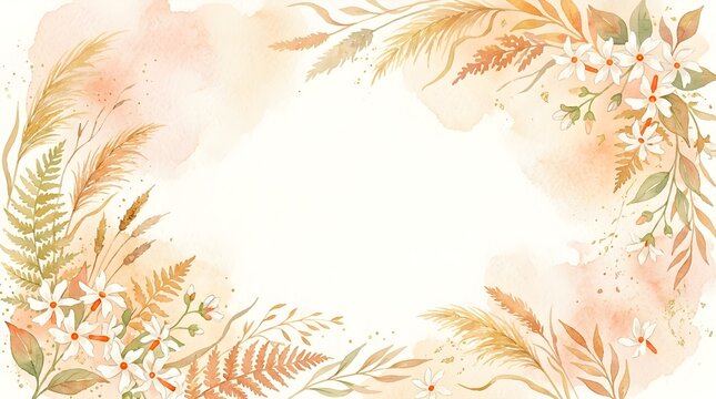 Delicate watercolor background with pampas grass and parijat flowers on soft orange and peach wash backdrop.