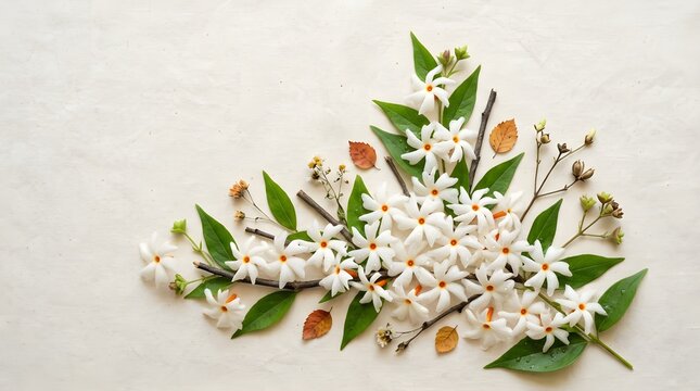 Elegant corner arrangement of fresh parijat blossoms with green leaves and autumn foliage on off white background.