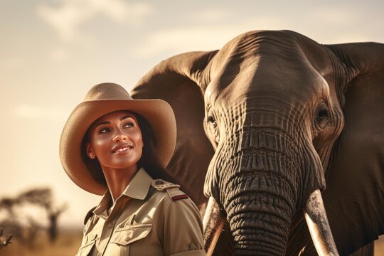 Woman in safari attire standing beside a large elephant in african wilderness
