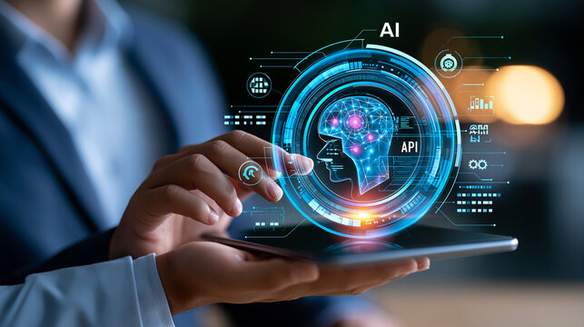 AI technology helps faceless employee track KPI data for performance review and progress monitoring in futuristic digital interface, defocused artificial intelligence integration,