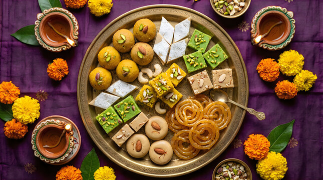 A vibrant and colorful display of traditional indian sweets and lamps celebrating the joyous festival of