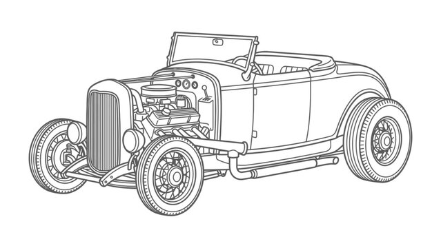 Classic Hot Rod Roadster: A detailed line drawing of a vintage hot rod roadster, showcasing its powerful engine, sleek body, and iconic design.