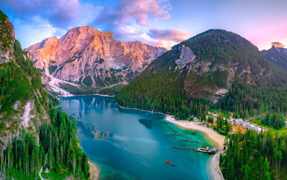 Spectacular romantic place with typical wooden boats on the alpine lake,(Lago di Braies) Braies lake,Dolomites,South Tyrol,Italy,Europe