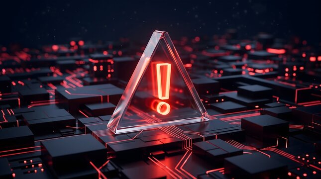Glowing red exclamation mark warning icon on a dark digital circuit board with illuminated data paths for cyber security alert and system threat protection