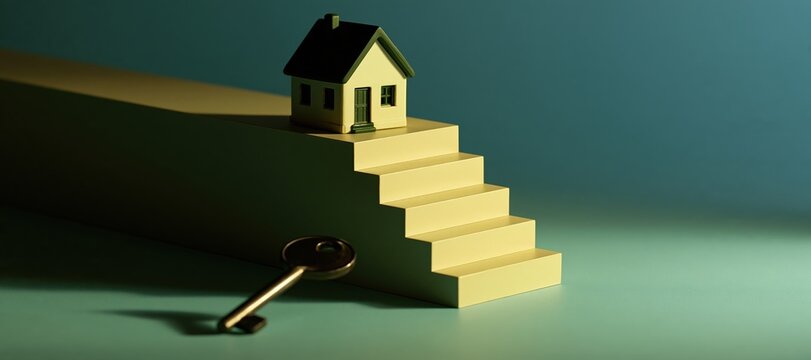 Miniature house on cream steps with metal key in foreground symbolizing property purchase