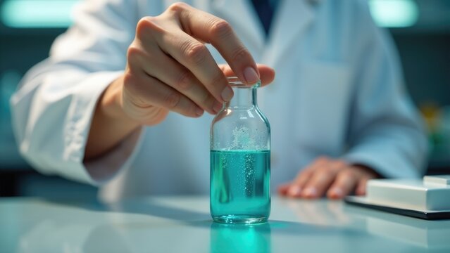 A lab technician holding a bottle of liquid chemical reagent