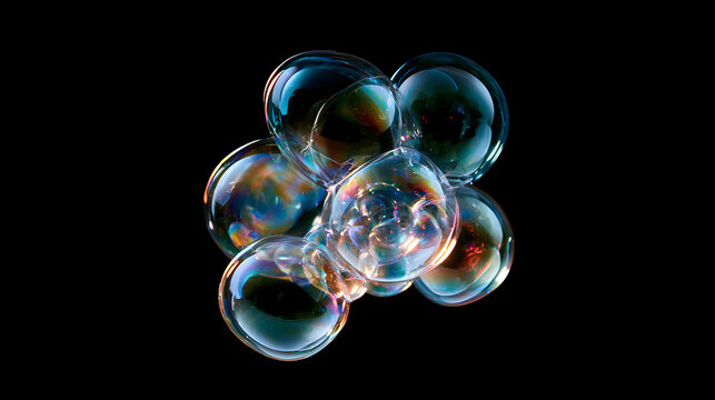 A mesmerizing cluster of soap bubbles reflecting vibrant colors against a black backdrop.
