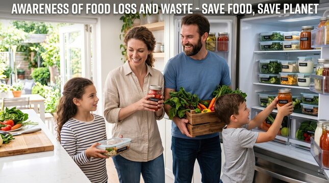 Family organizing fresh food and vegetables in a kitchen refrigerator to reduce waste with glass jars and wooden crates