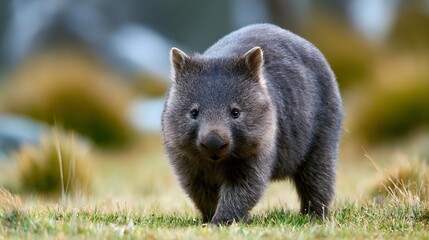 Fototapeta premium A small furry wombat stands alert on grassy terrain with soft blurred background and focused gaze