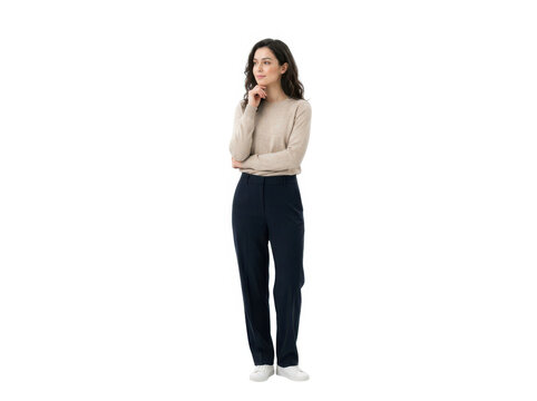 Young woman standing and thinking while touching her chin in a casual outfit