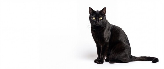 Black cat sitting on white background looking at camera © Fatima