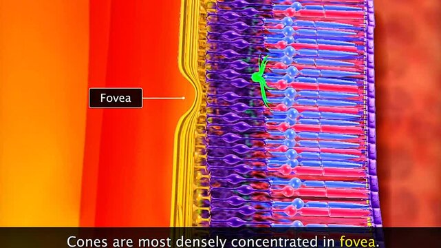 Human fovea anatomy showing the cone-rich retinal center responsible for sharp vision and fine detail.