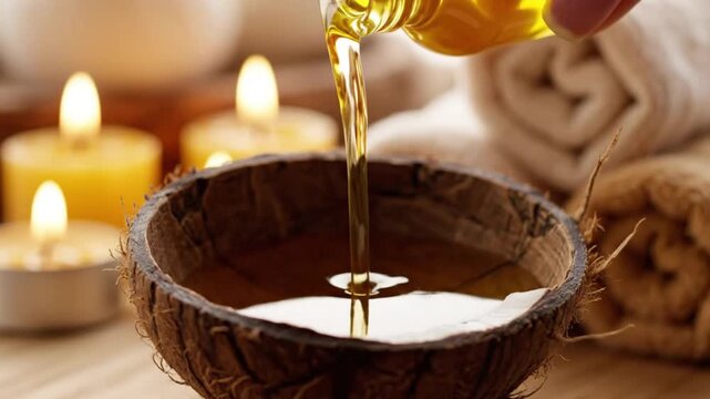 Pouring Pure Essential Oil into Coconut Shell Bowl with Spa Candles Background