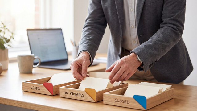 Sales pipeline and lead management concept, businessman sorting cards between leads, in progress and closed trays for CRM sales process, deal tracking, funnel workflow and business development