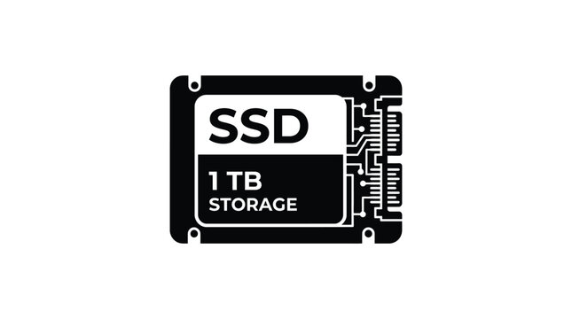 A black solid state drive silhouette displays one terabyte of storage capacity on a white background