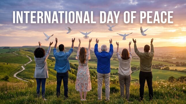 Group of people standing on a grassy hill with arms raised releasing white doves into a sunset sky with the text international day of peace overlaid in white capital letters