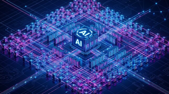 Isometric artificial intelligence network with glowing cubes and connections on a dark blue background