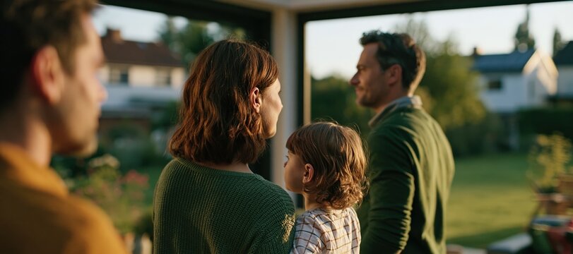 Family standing together at large window overlooking backyard and neighborhood