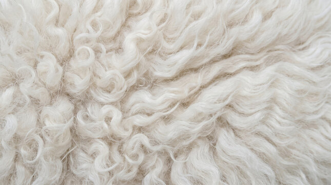White sheep wool curls texture close up with soft natural fibers and fluffy appearance for textile use