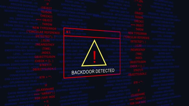 Cyber security warning: backdoor detected alert on digital code background, for network protection, system alert
