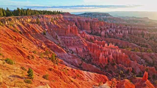 Golden morning sunlight illuminates rugged red rock hoodoos across the amphitheater at Lower Inspiration Point in Bryce Canyon Utah