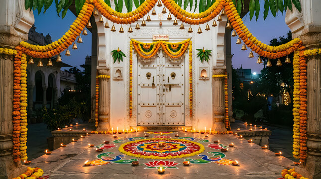 Celebrating the festival of lights a vibrant diwali scene with decorations and traditional rangoli artistry