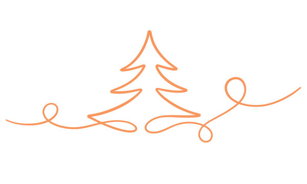Minimalist continuous line art of a Christmas tree with elegant decorative swirls on white.