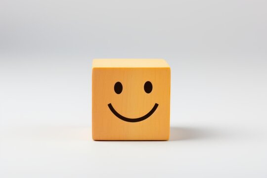 Yellow wooden block showing a happy face representing positive emotion and satisfaction