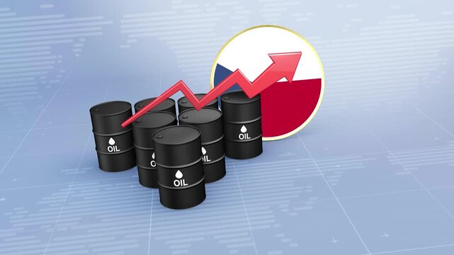 Czech Republic Oil Price Rising with Oil Barrels and Upward Red Arrow, 3D Economic and Financial Market Crisis Concept