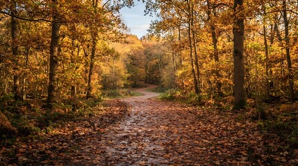 Fototapeta premium Autumn park pathway with colorful fall leaves and trees