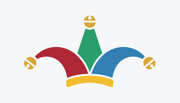 Colorful jester hat with three golden bells representing a joker or carnival clown symbol on a light background.