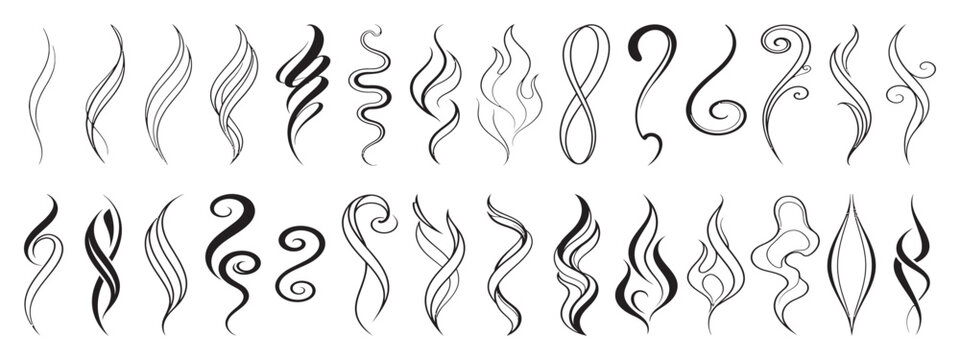 Smoke swirl icons, abstract steam symbols, curvy lines, flowing shapes, and minimalist design for smoke, heat, or vapor. Perfect for logos, patterns, or decorative elements vector silhouette