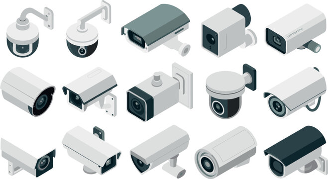 Isometric Security Camera and Surveillance System Icon Set with CCTV Video Monitoring Devices for Smart Home Safety and Business Property Protection Designs