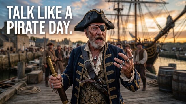 Pirate captain with eye patch and tricorn hat holding a spyglass addressing his crew on a wooden dock with a tall ship in the background during a golden sunset