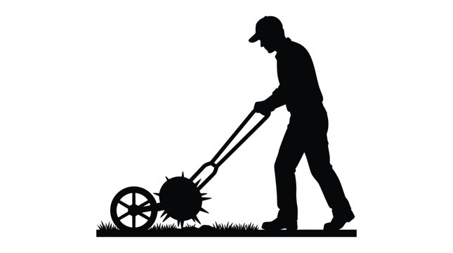 A gardener pushing a lawn aerator across grass is depicted in black silhouette gardening lawncare