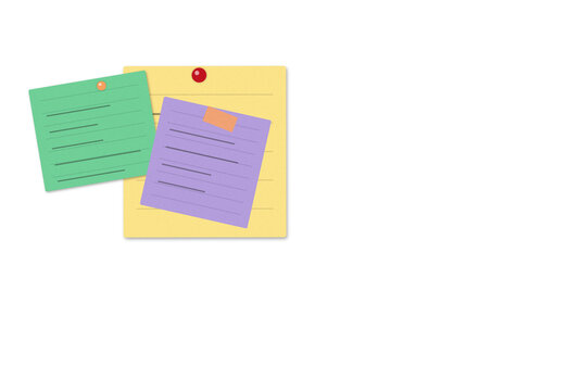 Colorful paper notes pinned on a yellow notice board for office and home organization