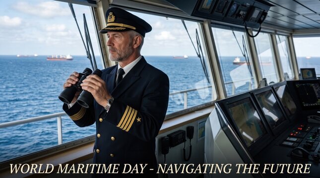 Ship captain in dark blue uniform with gold stripes holding binoculars on the bridge of a cargo vessel looking out at the blue ocean with distant ships visible through large windows