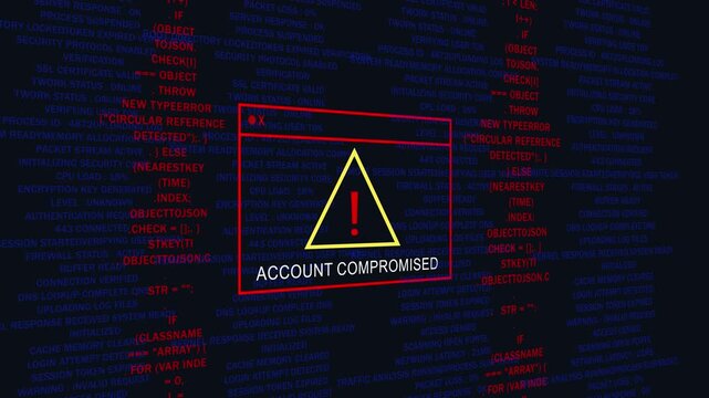 Account compromised warning alert on digital code background, cyber security breach, concept data breach