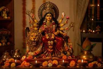 Fototapeta premium Ornate Goddess Durga Statue Seated on Lion Mount Holding Divine Weapons Adorned with Fresh Flowers and Lit Clay Diyas for Home Navratri Worship.