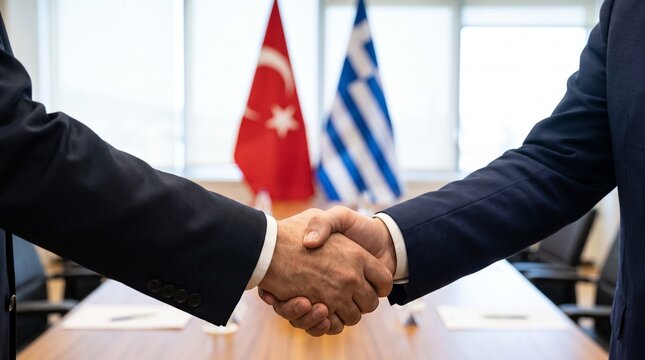 Professional business partners performing a formal handshake during a high level international diplomatic meeting featuring blurred Turkish and Greek flags