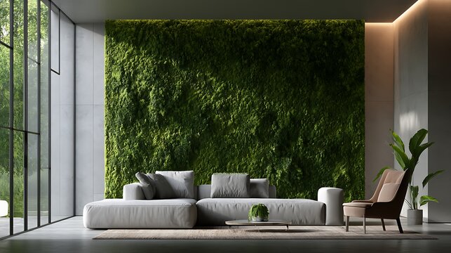 1029. A realistic interior photo of a residential air-purification wall made of living moss integrated with micro-mist nozzles. Soft warm ambient sunlight filtering through smart glass windows, 