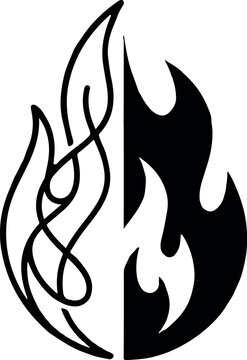A minimalist graphic design featuring a split flame icon with one side as a thin black line outline and the other side as solid